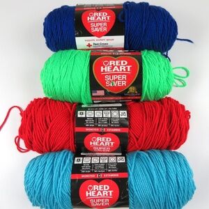 Lot of 4 yarn skeins from Red Heart Super Saver: blue, green, red